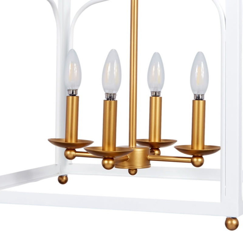 Large pendant light with glossy white accents, gold frame, and four candle bulbs