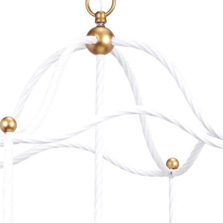 White and gold twisted ribbon lantern chandelier, gold top finial with flowing white ribbons