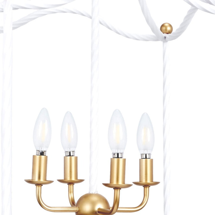 White and gold lantern chandelier with four gold candle bulbs and curved arm bracket