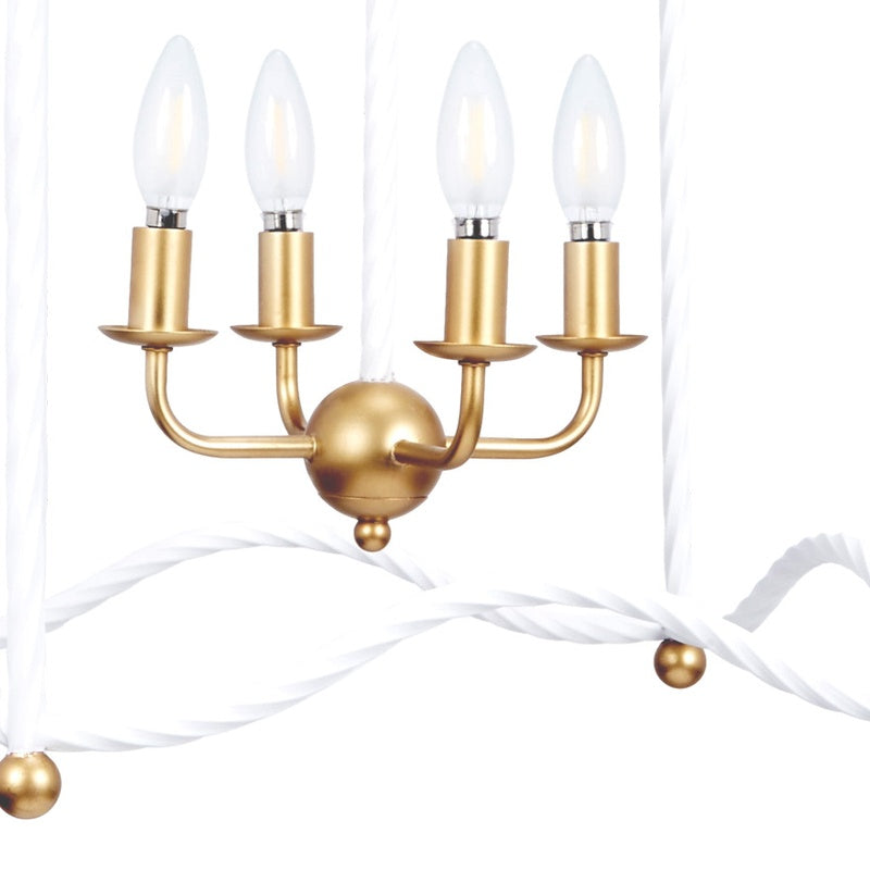 White and gold lantern chandelier with five candle bulbs, gold center sphere, twisted ribbons