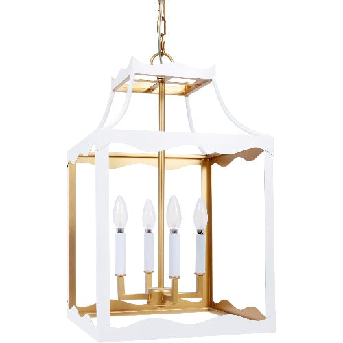 Elegant gloss white metal Alba lantern with gold accents and a four-light design, perfect for bright modern interiors.