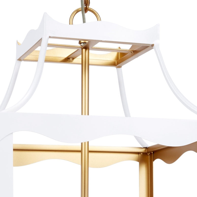 White metal four-light lantern with gold accents and open top frame