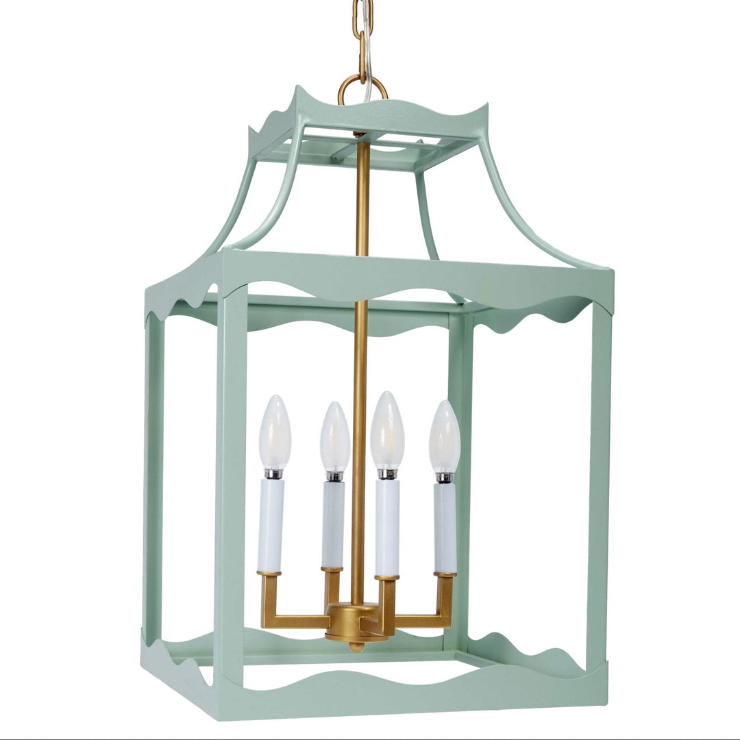 Light blue-green metal lantern light fixture with gold frame and four white bulbs