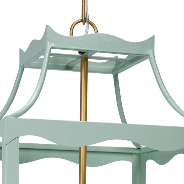 Light blue-green lantern light fixture with gold hanging chain and arched frame
