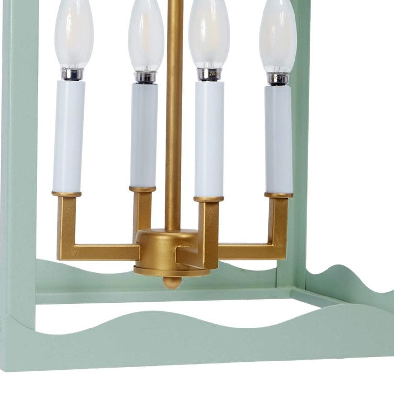 Light blue-green metal lantern light fixture with gold base and four white bulbs