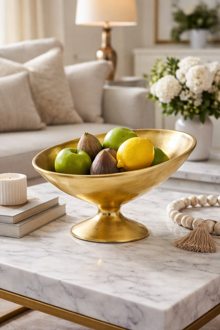 Gold bowl with fruits on a marble table in a living room setting