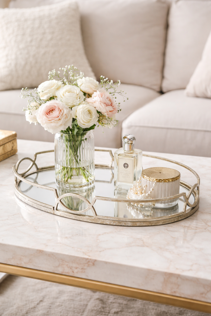 Decorative tray with flowers, candles, and a bottle on a marble coffee table.