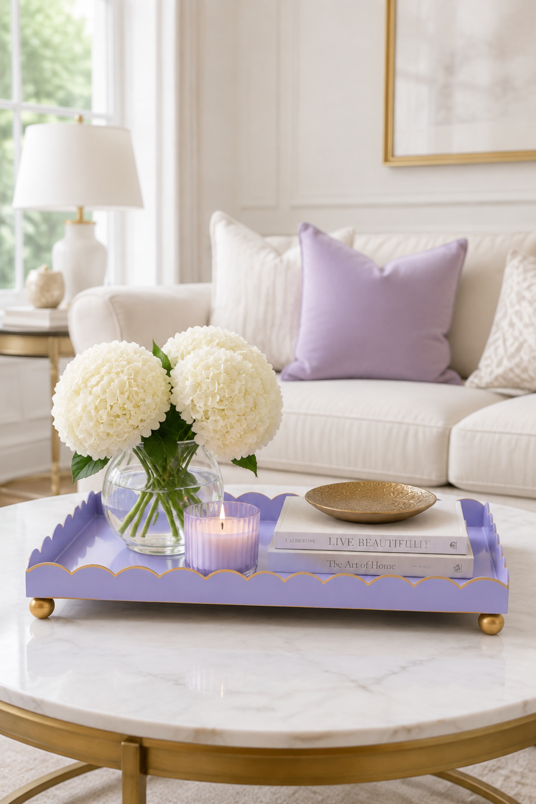 Lavender scalloped rectangular tray with gold wave trim and round gold feet