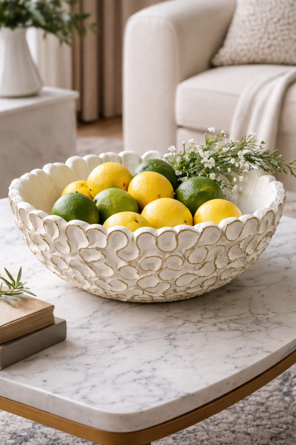 Decorative bowl with lemons and limes on a marble table