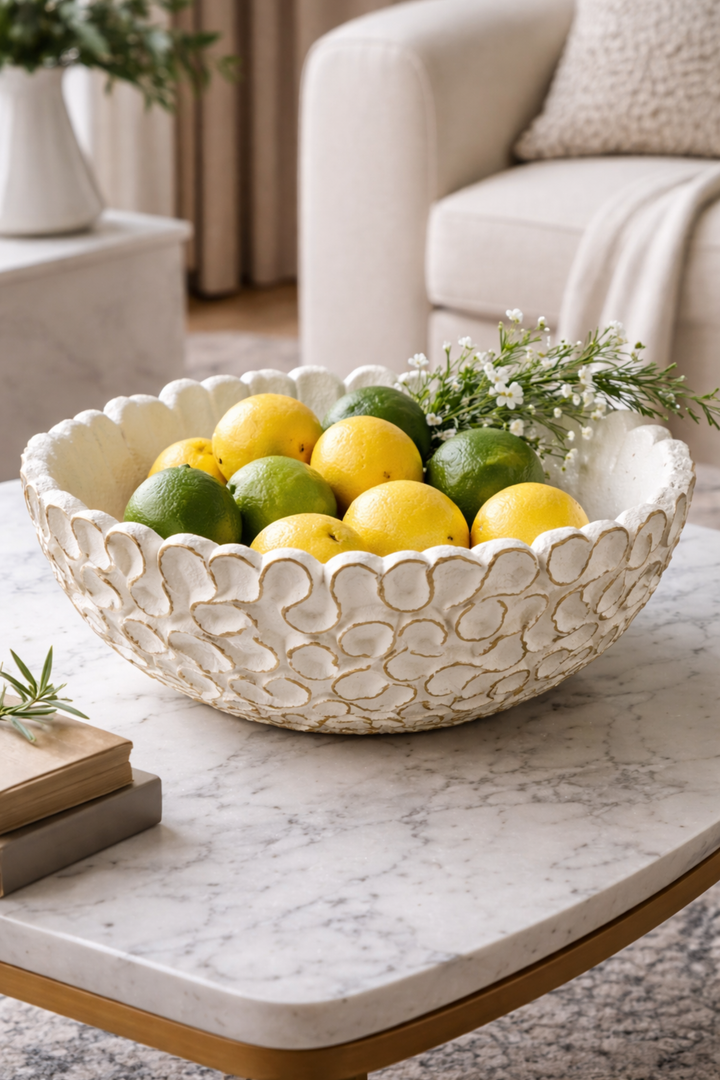Decorative bowl with lemons and limes on a marble table