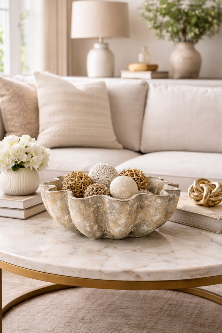 Decorative bowl with spherical objects on a marble coffee table in a living room.