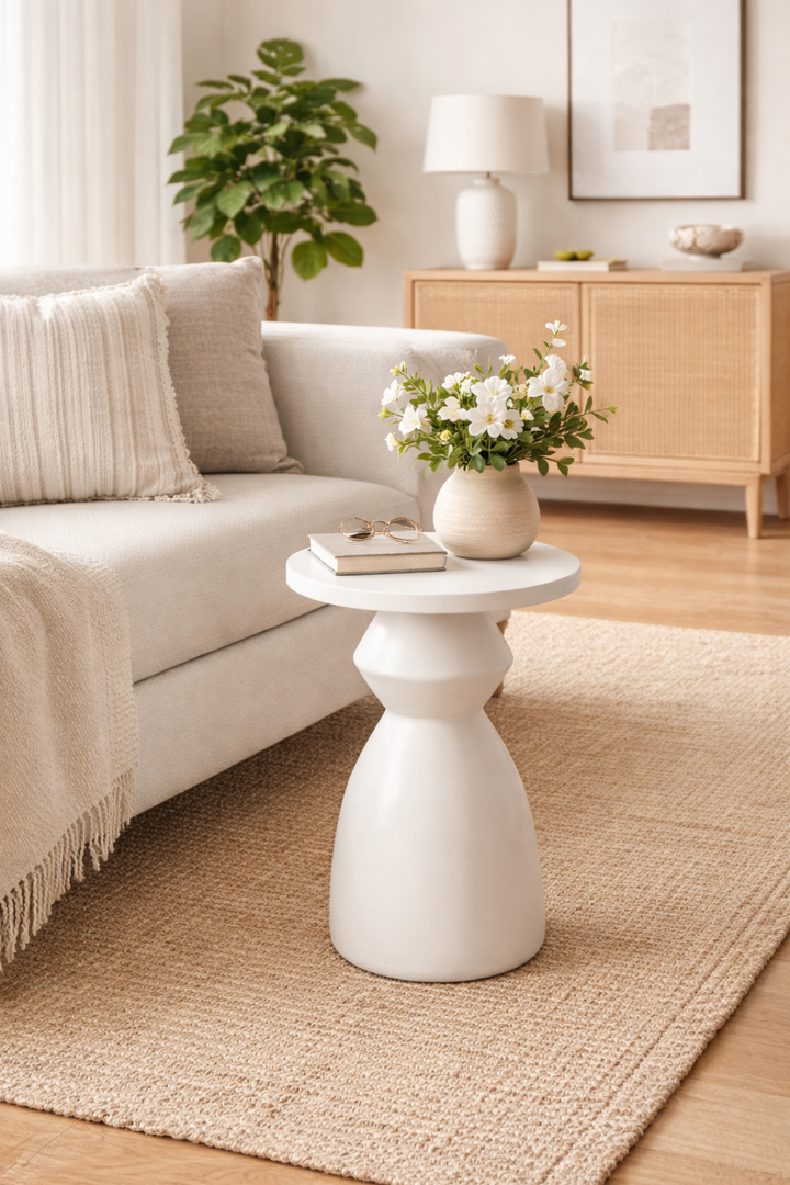 White side table with a vase of flowers in a living room setting