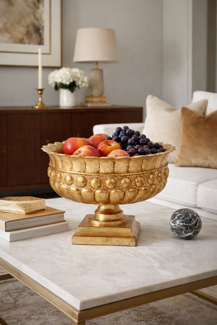 Decorative gold bowl with fruits on a marble table in a living room setting.