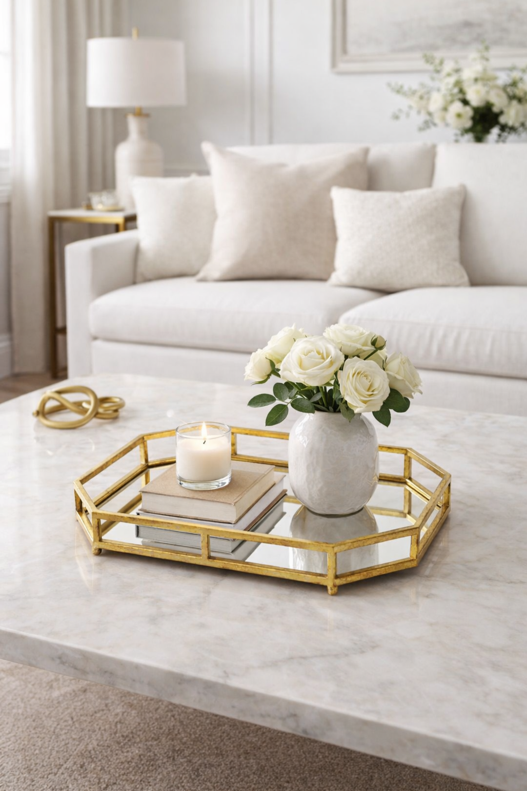 Living room with a white sofa, marble coffee table, and decorative items.