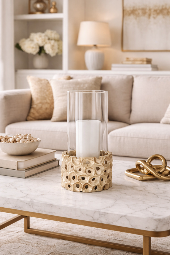 Living room with a marble coffee table, decorative vase, and books.