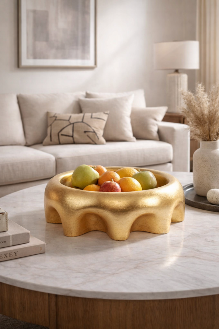 Decorative bowl with fruits on a marble coffee table in a living room setting.