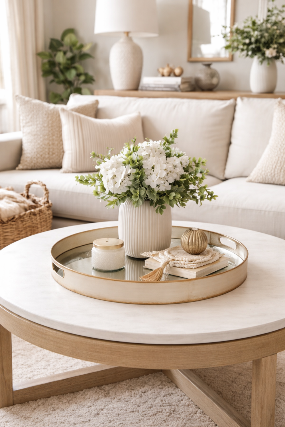 Living room with a white sofa, coffee table, and decorative items.