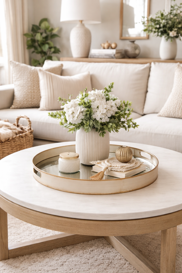 Living room with a white sofa, coffee table, and decorative items.