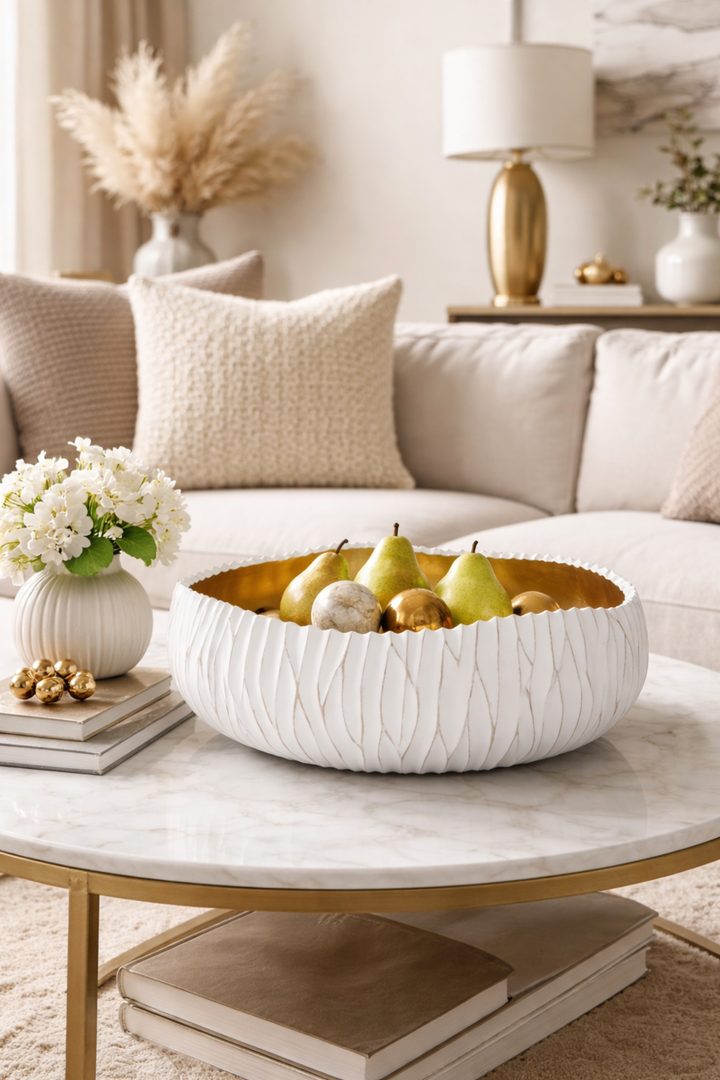 Living room with a marble coffee table, decorative bowl with pears, and books.