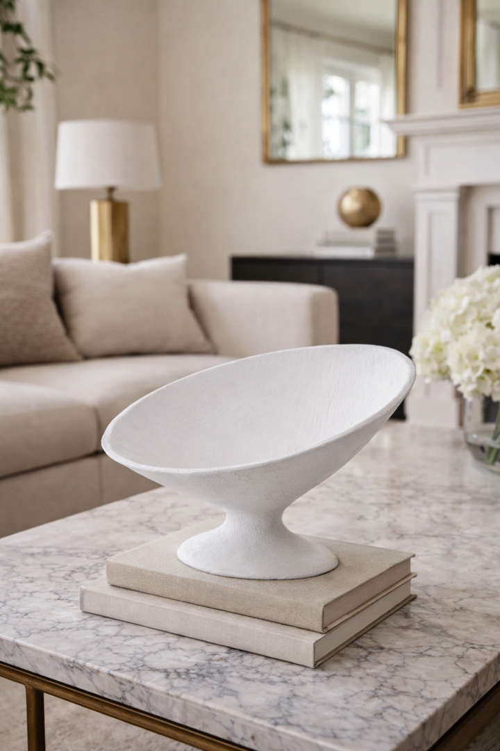 White decorative bowl on books on a marble table in a living room