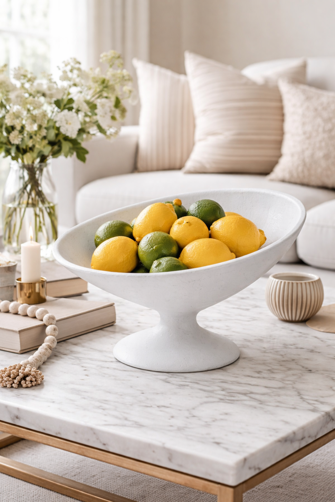 Decorative bowl with lemons and limes on a marble coffee table in a living room.