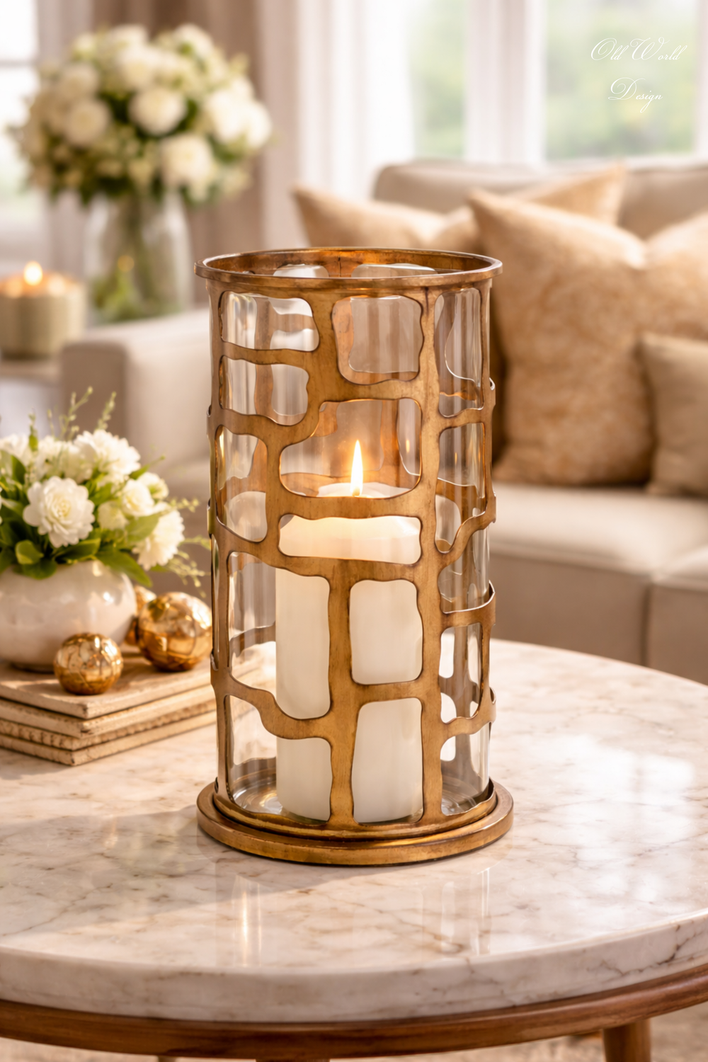 Decorative candle holder on a marble table with a living room background