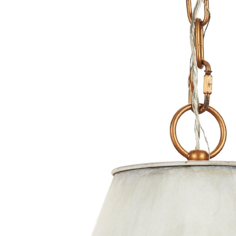 Metal pendant with white fabric shade and bronze chain ring