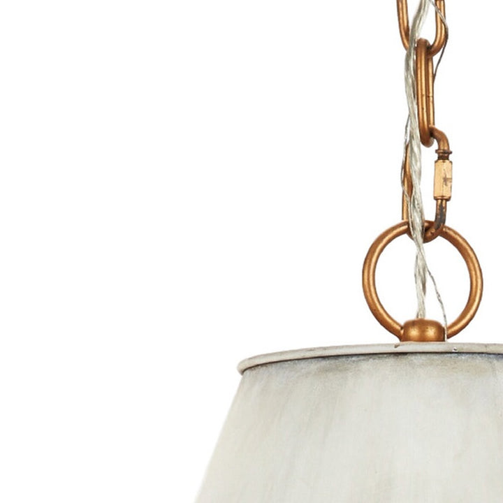 Metal pendant with white fabric shade and bronze chain ring