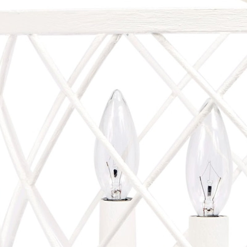White open-weave pendant light with two glass teardrop bulbs and sockets