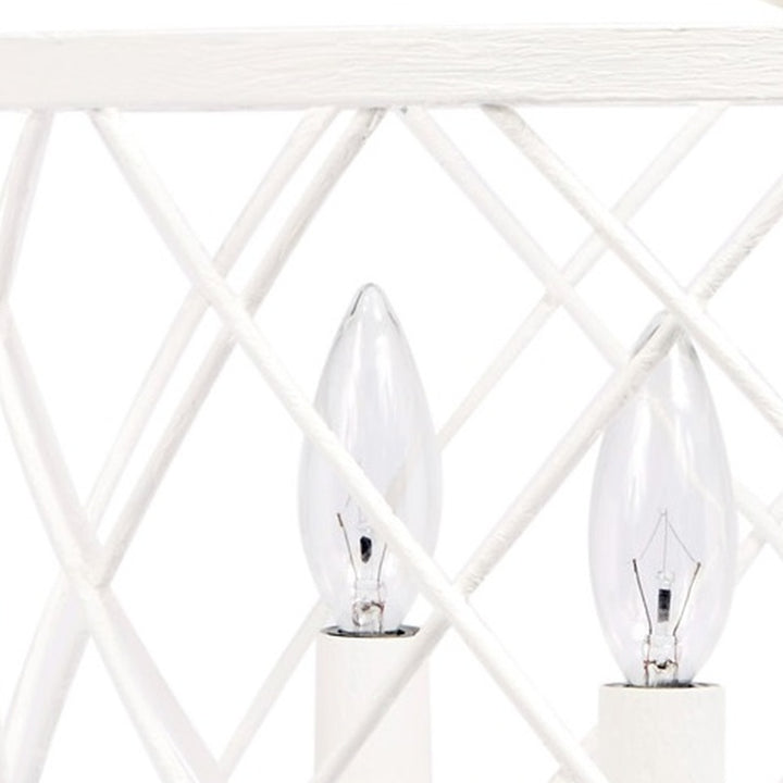 White open-weave pendant light with two glass teardrop bulbs and sockets