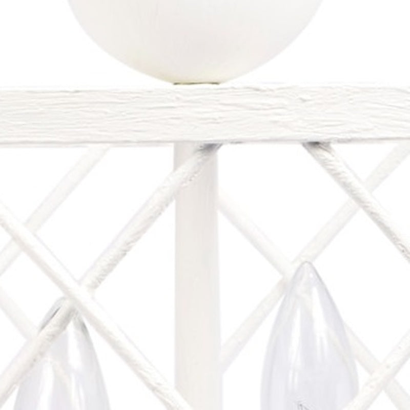 White open-weave pendant light frame with hanging bulb socket details