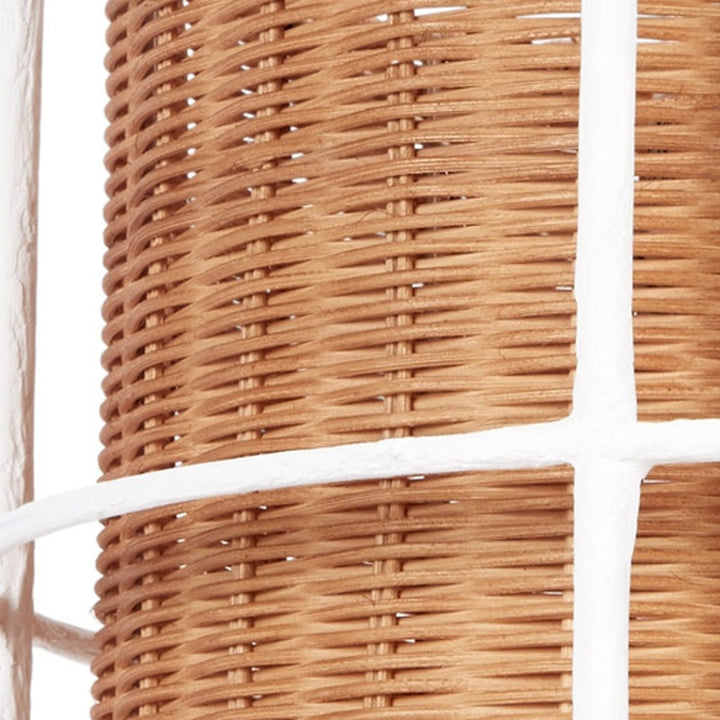 Natural rattan pendant shade with white gesso frame and crossbar detail