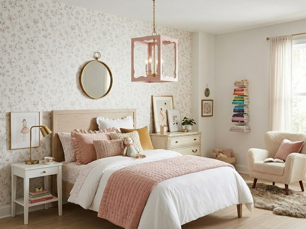 Ornate Blush pendant hanging over the bed of a girls bedroom