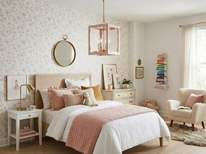 Ornate Blush pendant hanging over the bed of a girls bedroom