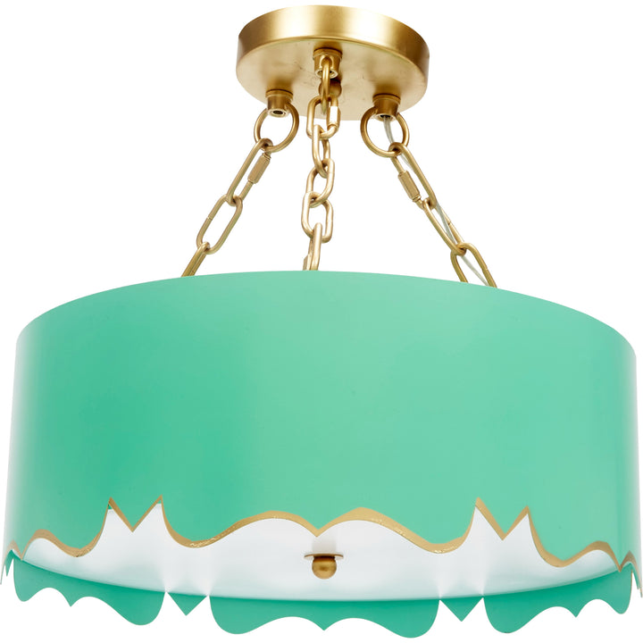 Stylish sea green Mollie pendant featuring gold accents and a three-light design, perfect for coastal or modern interiors.