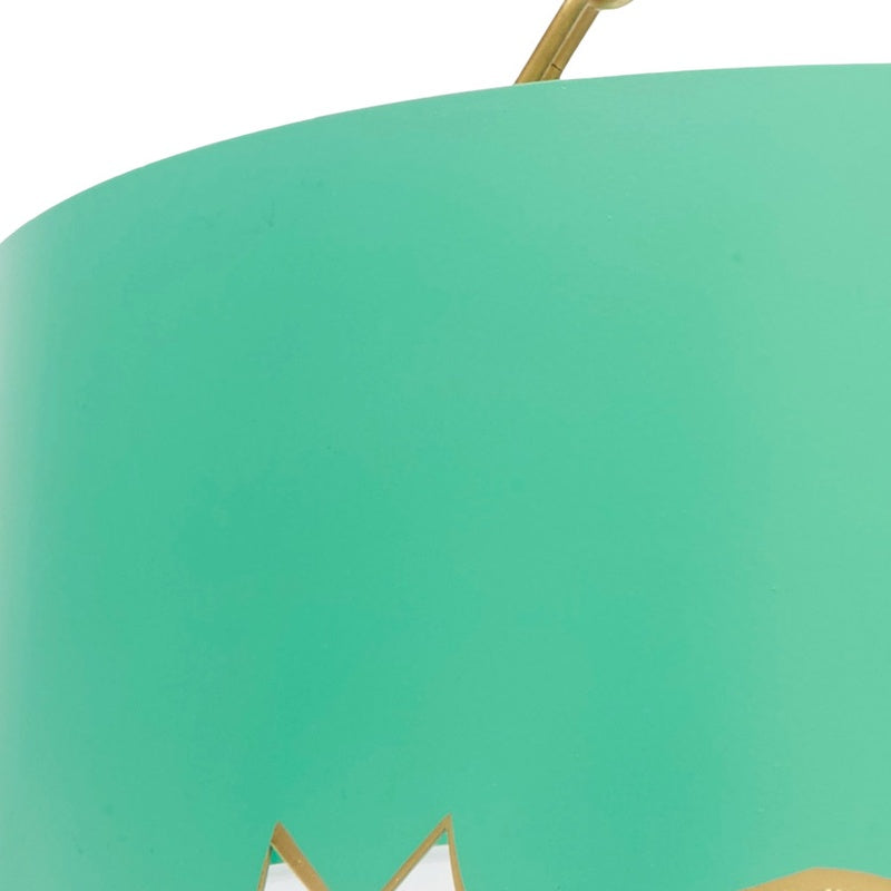 Sea green pendant light with gold zigzag trim near shade edge