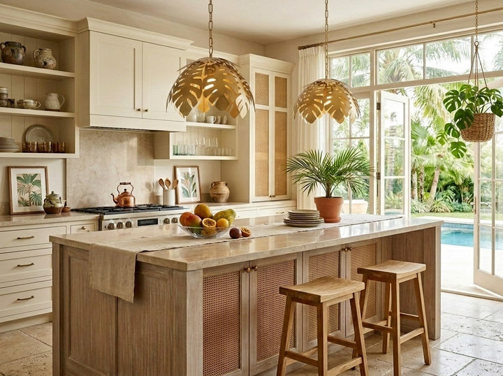 Modern kitchen with wooden island, stools, and large windows overlooking a pool. Gold palm leaf pendants hand over the kitchen island.