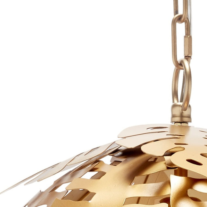Gold tropical leaf pendant light with hanging chain, metal cutout shade