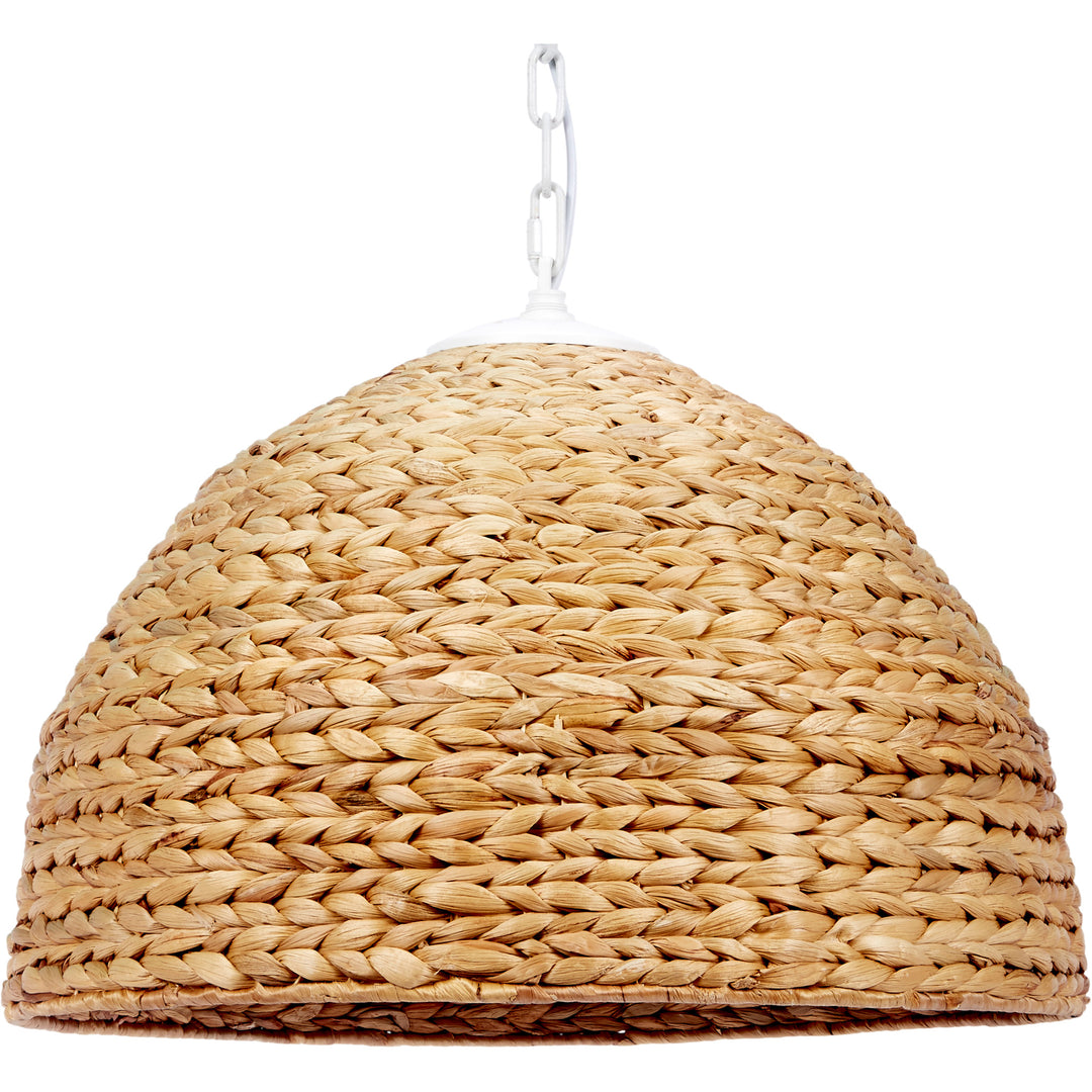 Elegant Maris pendant light made from woven water hyacinth, perfect for dining rooms, living rooms, or entryways.