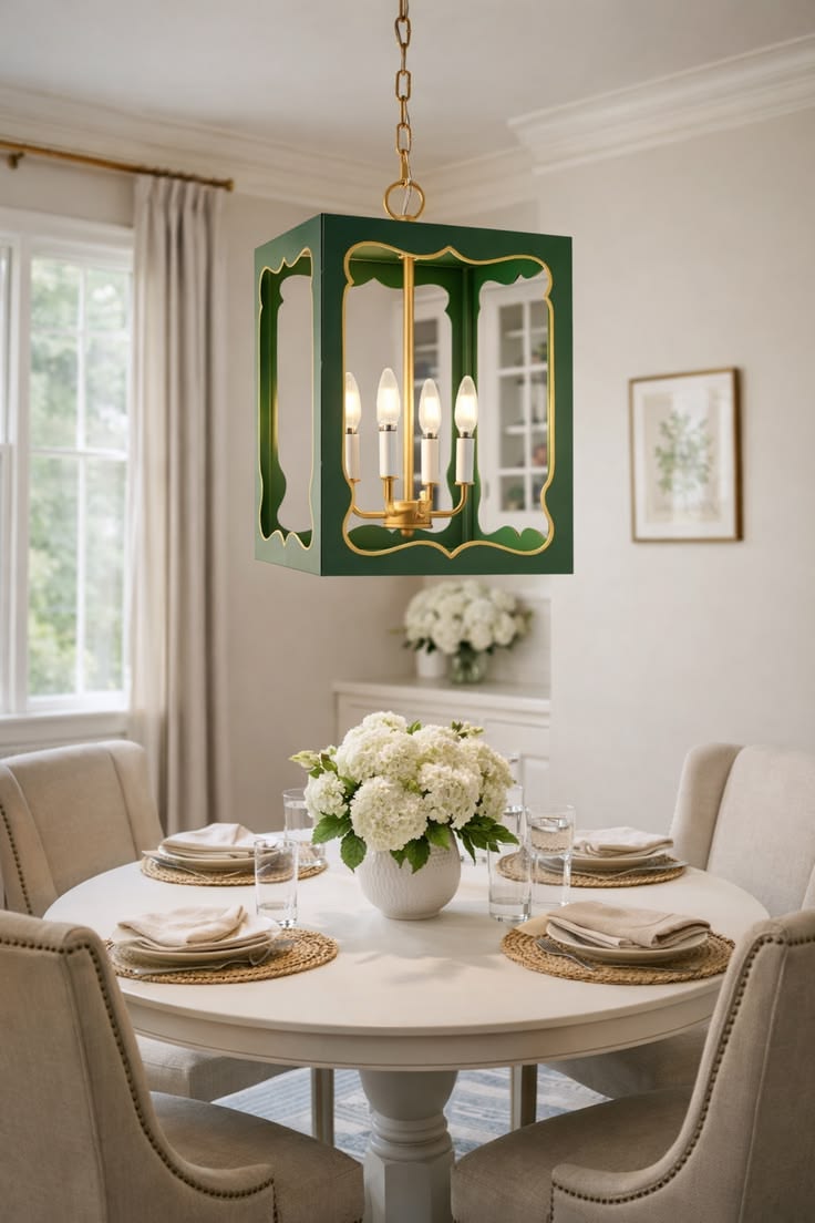 Dining room with a round table, chairs, and a decorative chandelier.