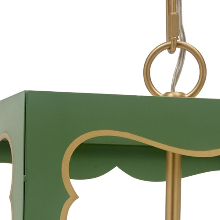 Four-light pendant light with green body and gold ring and scrolling detail