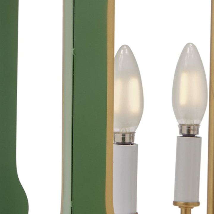 Green and gold four-light pendant light with clear candle bulbs and chrome holders
