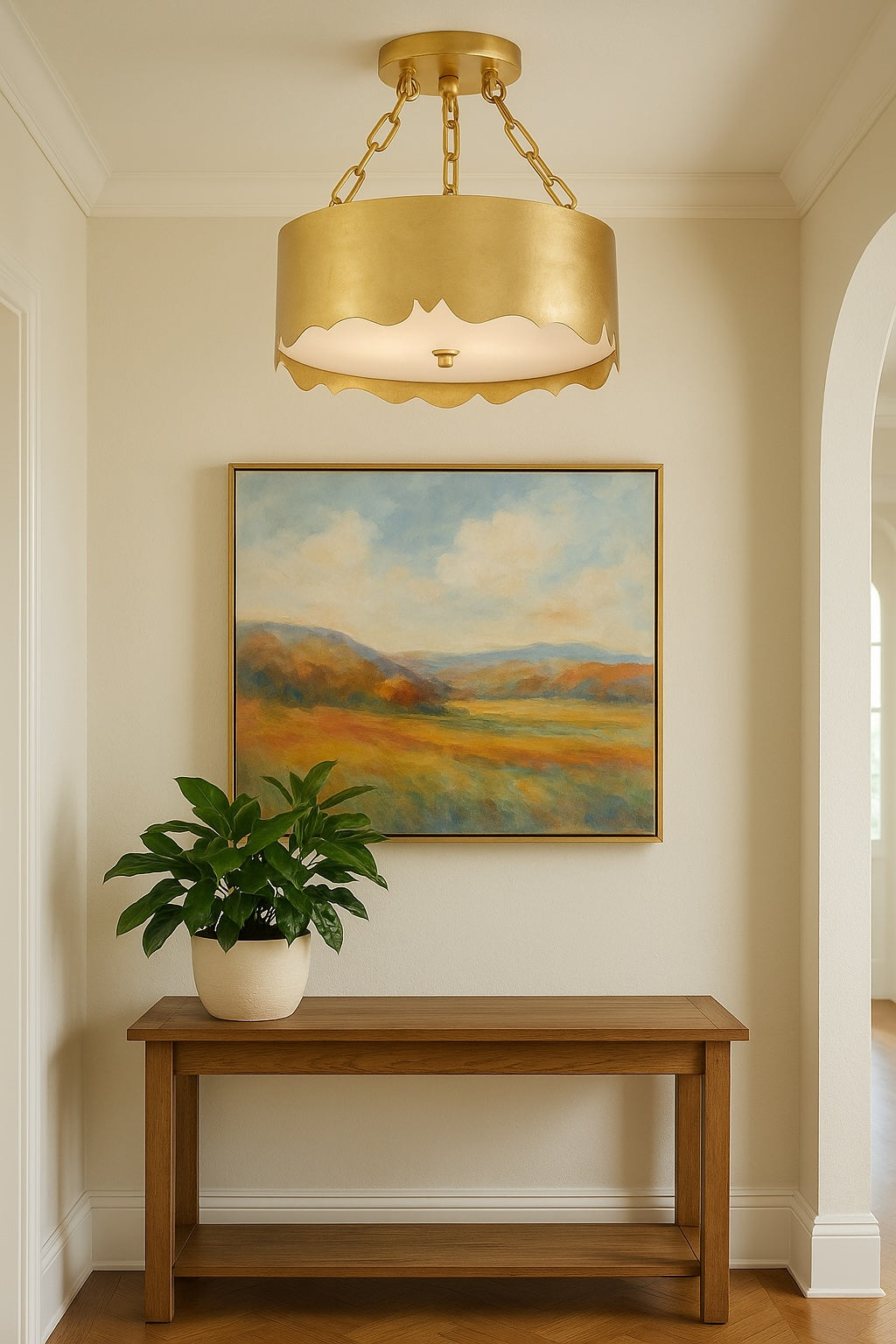 Decorative painting on a wall above a wooden bench with a plant, under a gold ceiling light fixture.