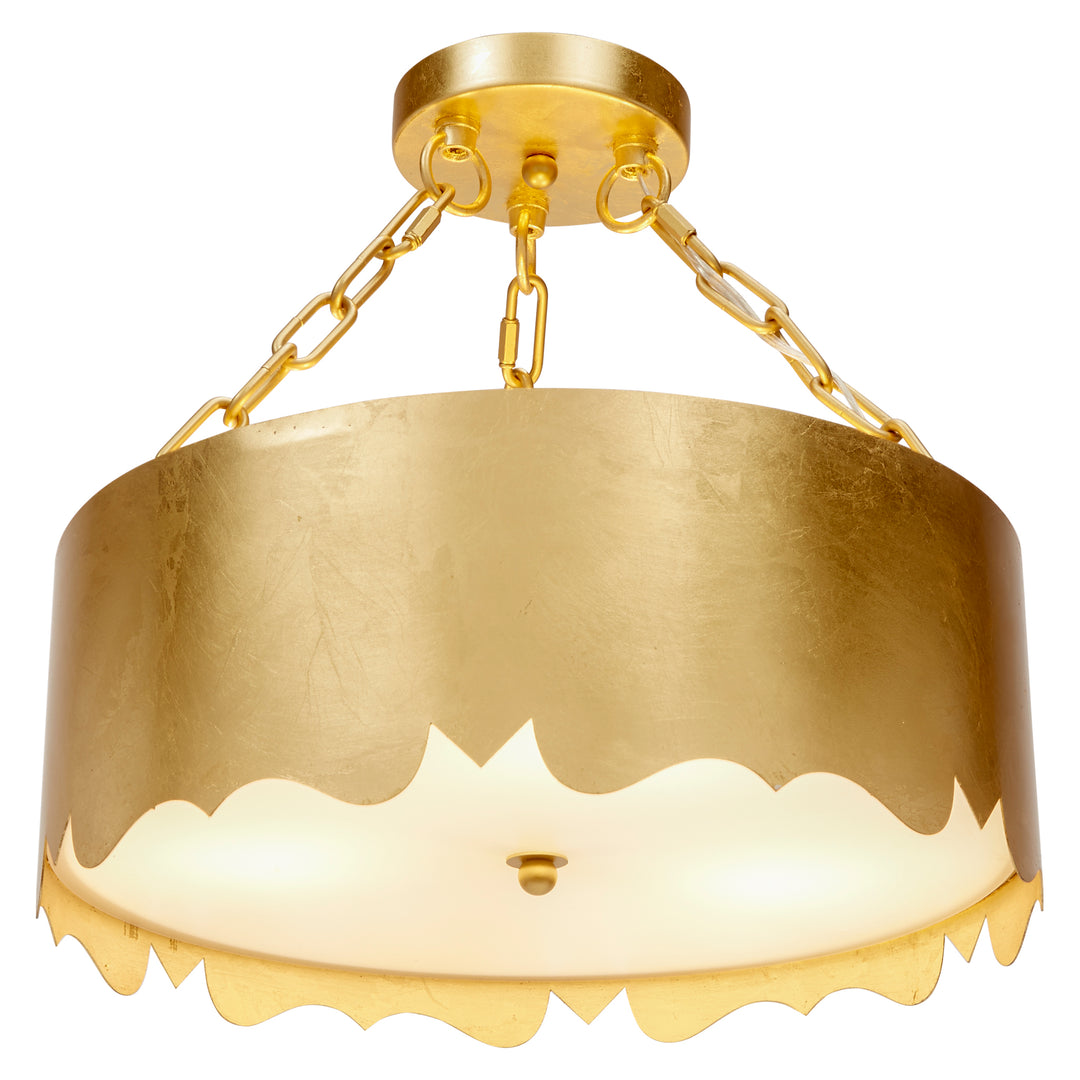 Luxurious gold leaf Mollie pendant featuring a three-light design, ideal for elegant and contemporary interiors.