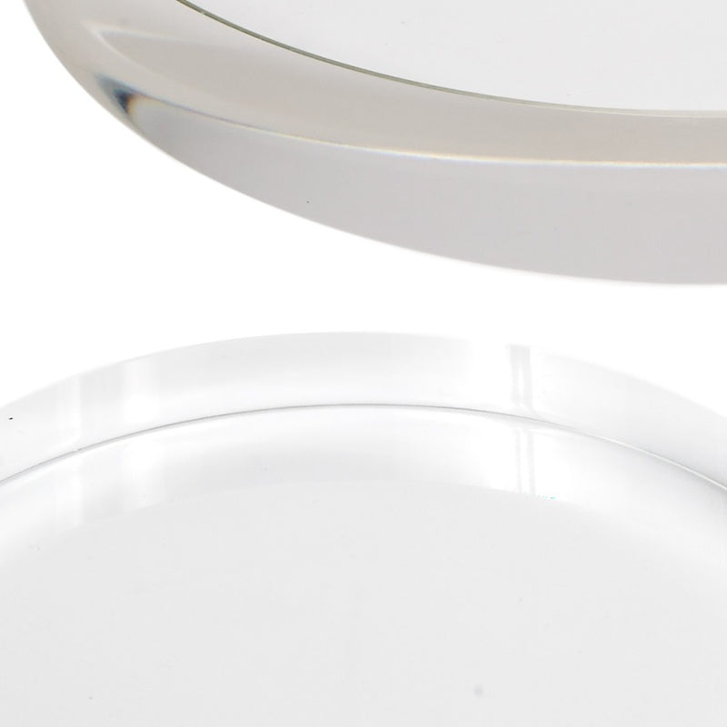 Clear round crystal display riser set, close-up of curved rim and edge