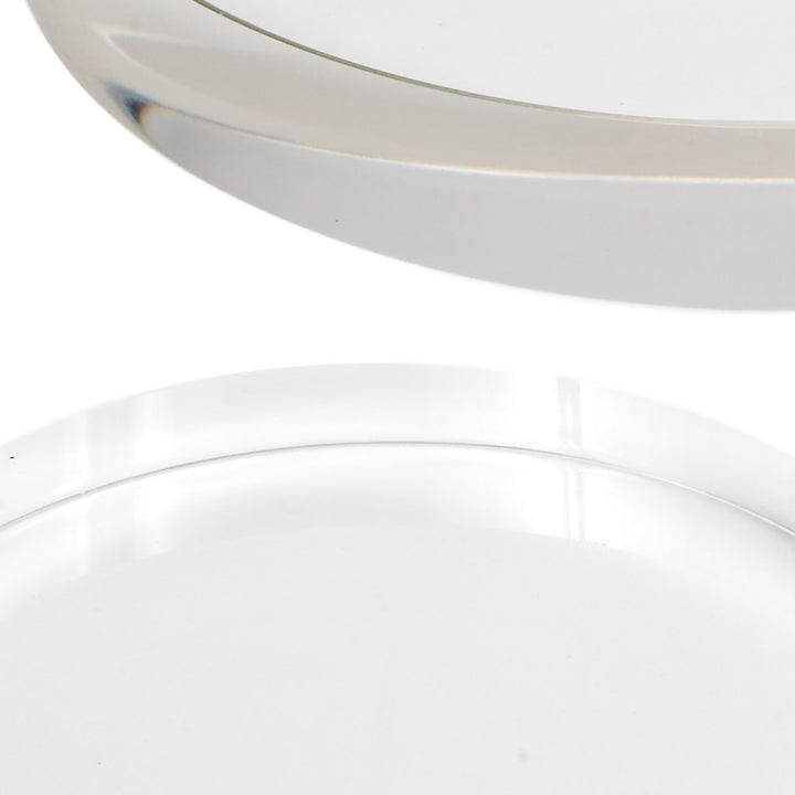 Clear round crystal display riser set, close-up of curved rim and edge