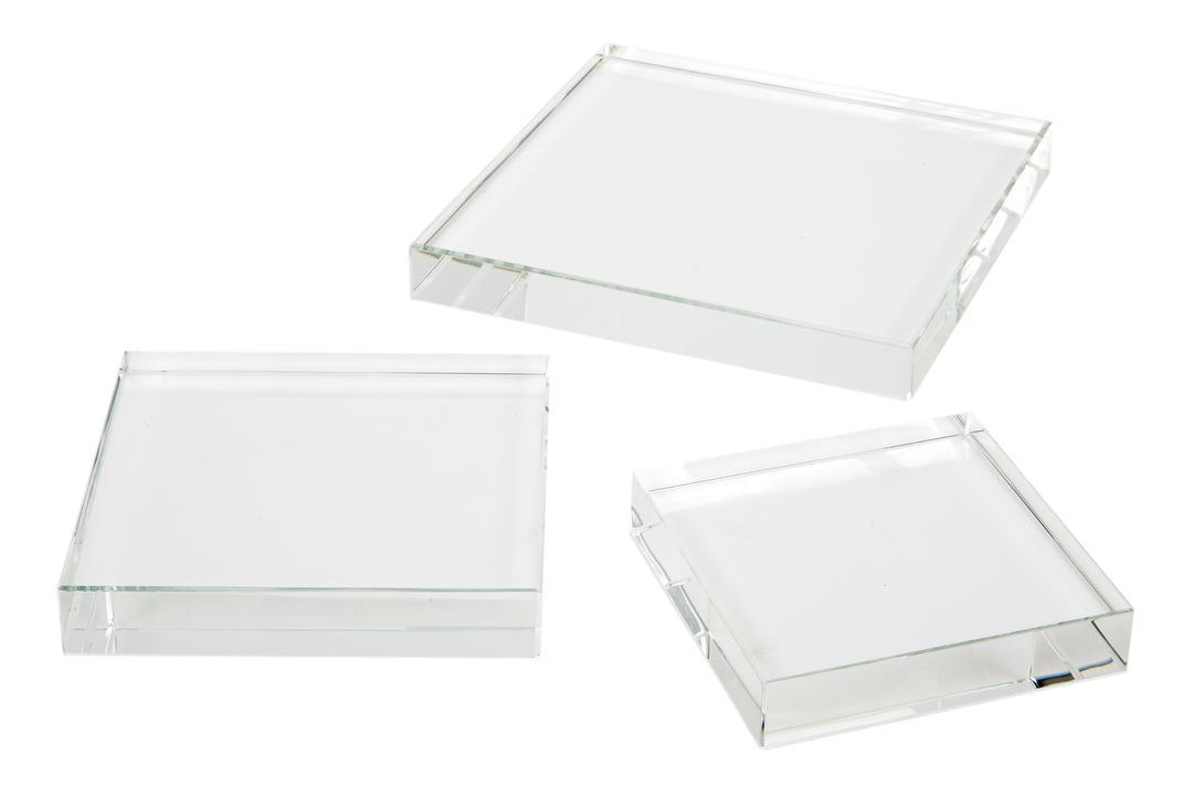 Set of 3 clear square crystal risers with flat tops and faceted edges