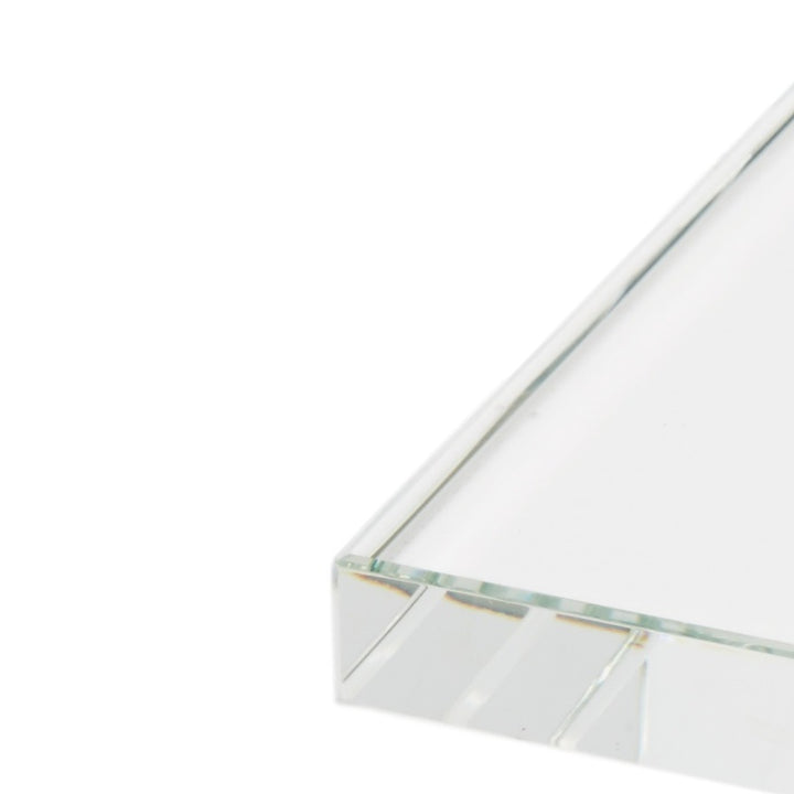 Clear square crystal riser with beveled edges and transparent glass-like look