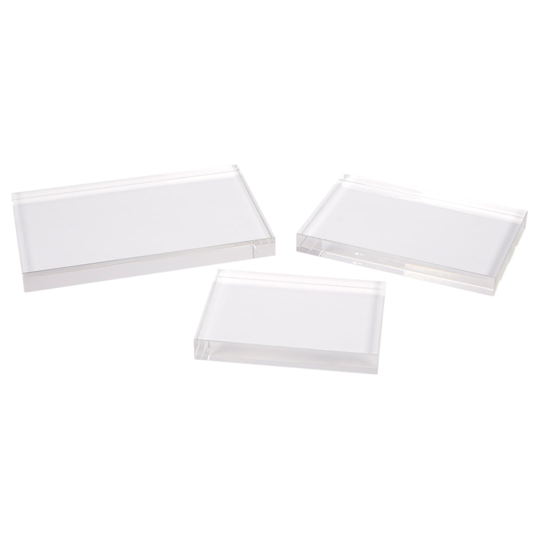 Set of 3 clear rectangular crystal risers with flat top, transparent display bases