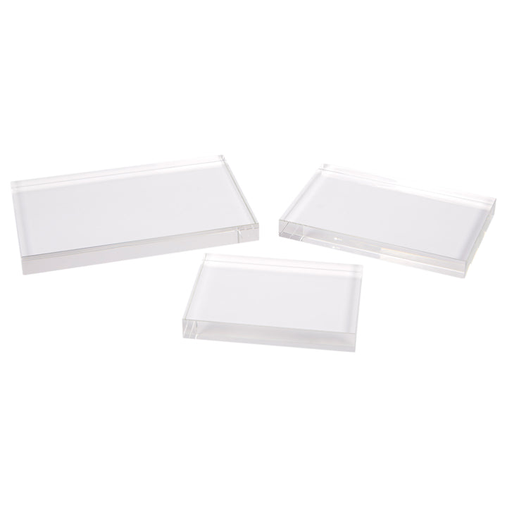 Set of 3 clear rectangular crystal risers with flat top, transparent display bases